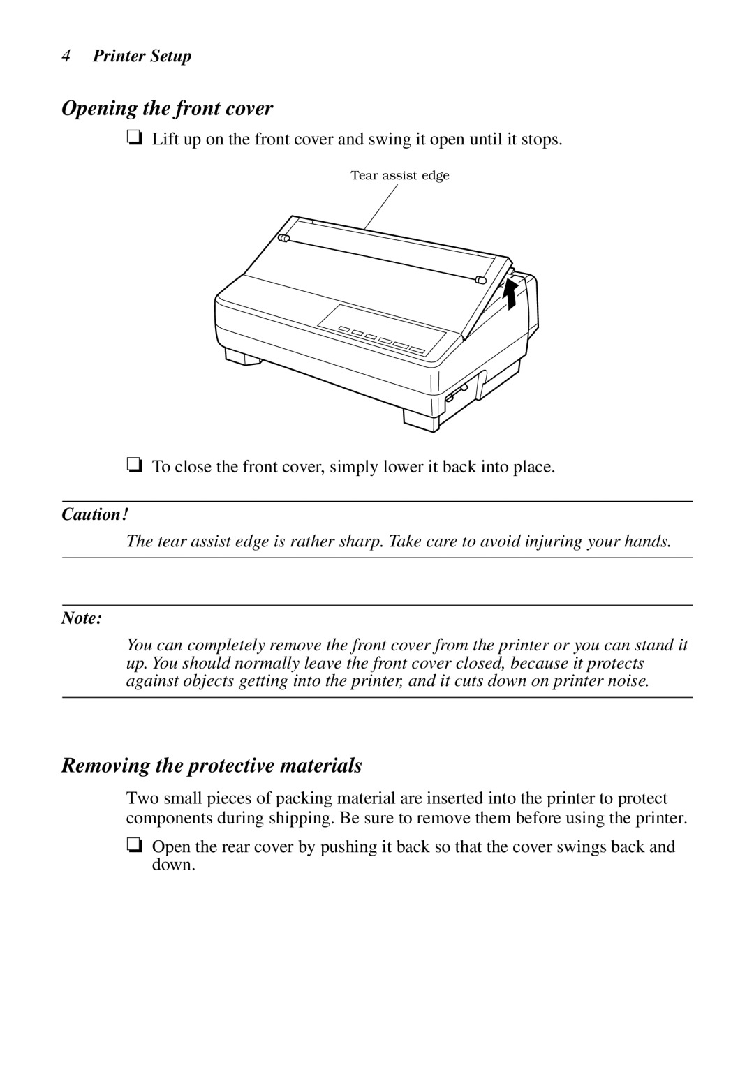 Star Micronics LC-1021 user manual Opening the front cover, Removing the protective materials 