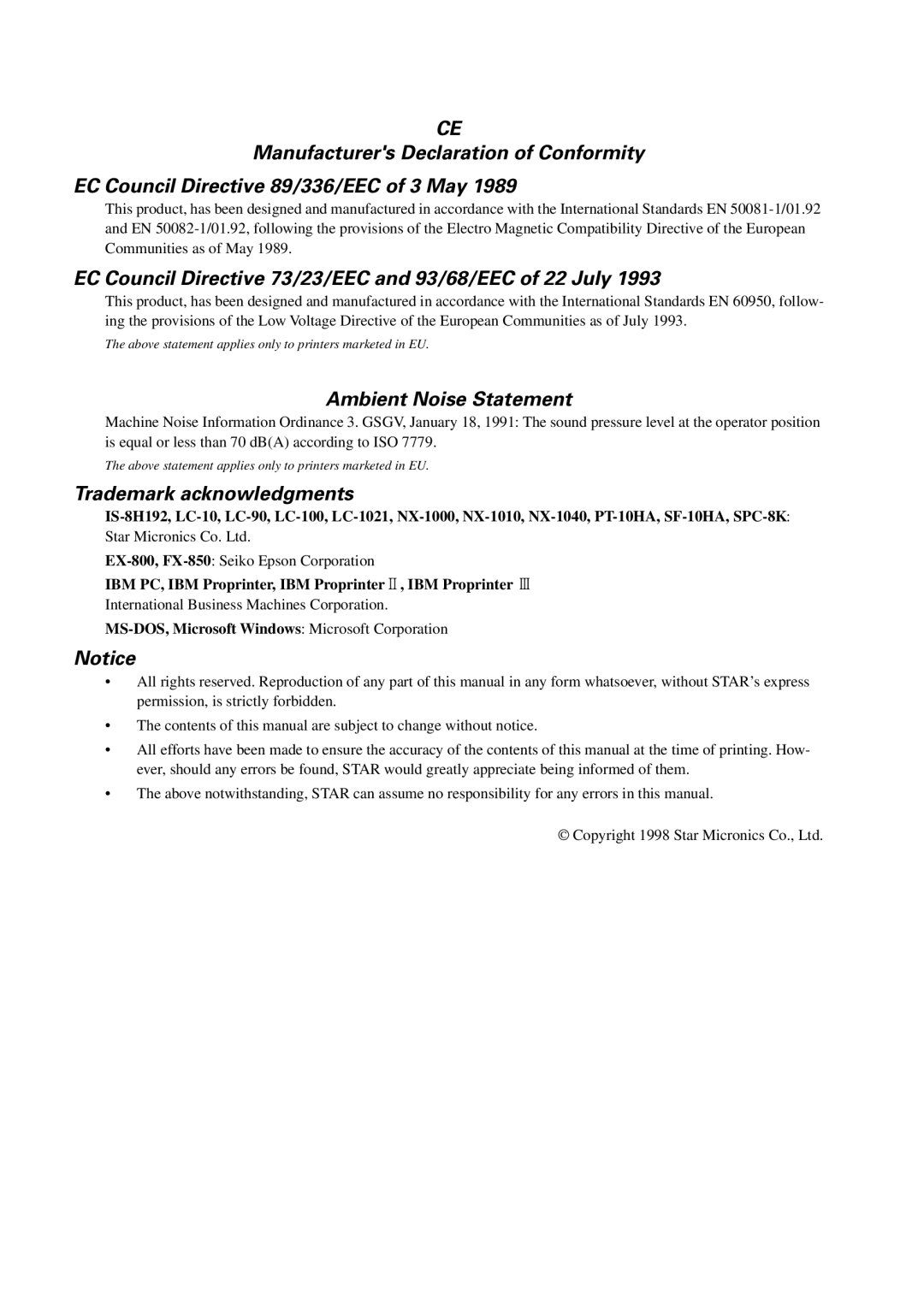 Star Micronics LC-1021 user manual EC Council Directive 73/23/EEC and 93/68/EEC of 22 July 