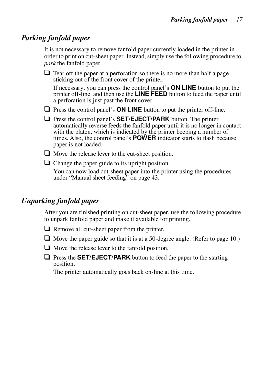 Star Micronics LC-1021 user manual Parking fanfold paper, Unparking fanfold paper 