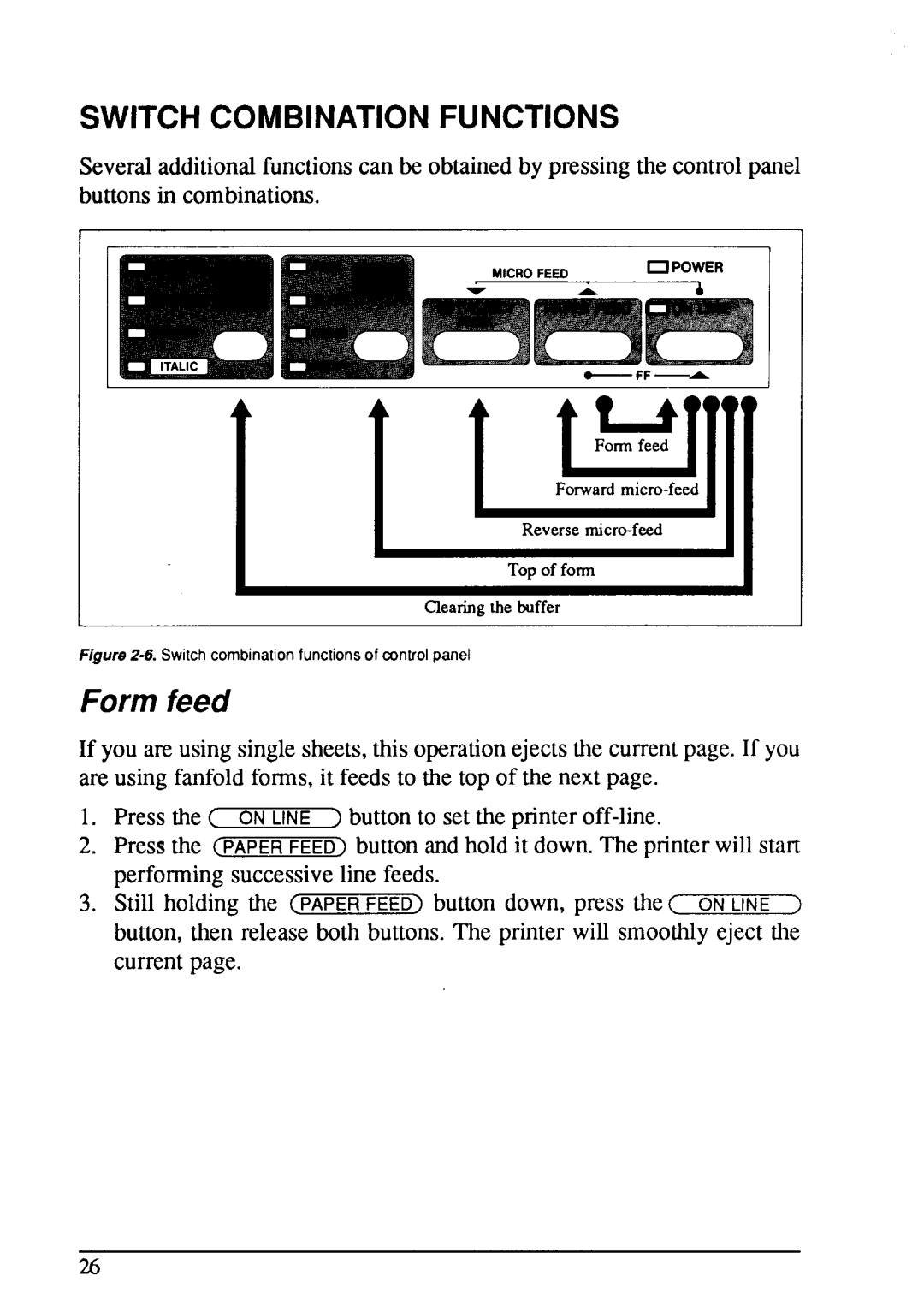 Star Micronics LC-15 user manual Form feed, Switch Combination Functions 