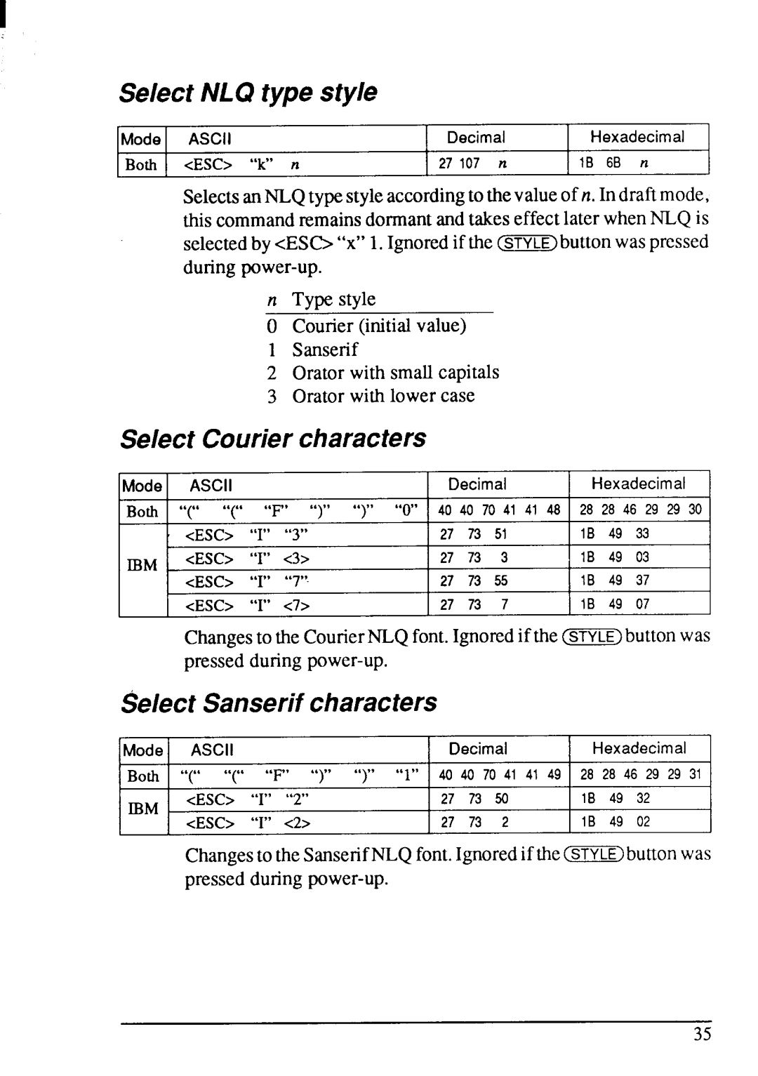 Star Micronics LC-15 user manual Select NLQ type style, Select Couriercharacters, Select Sanserifcharacters, Esci 