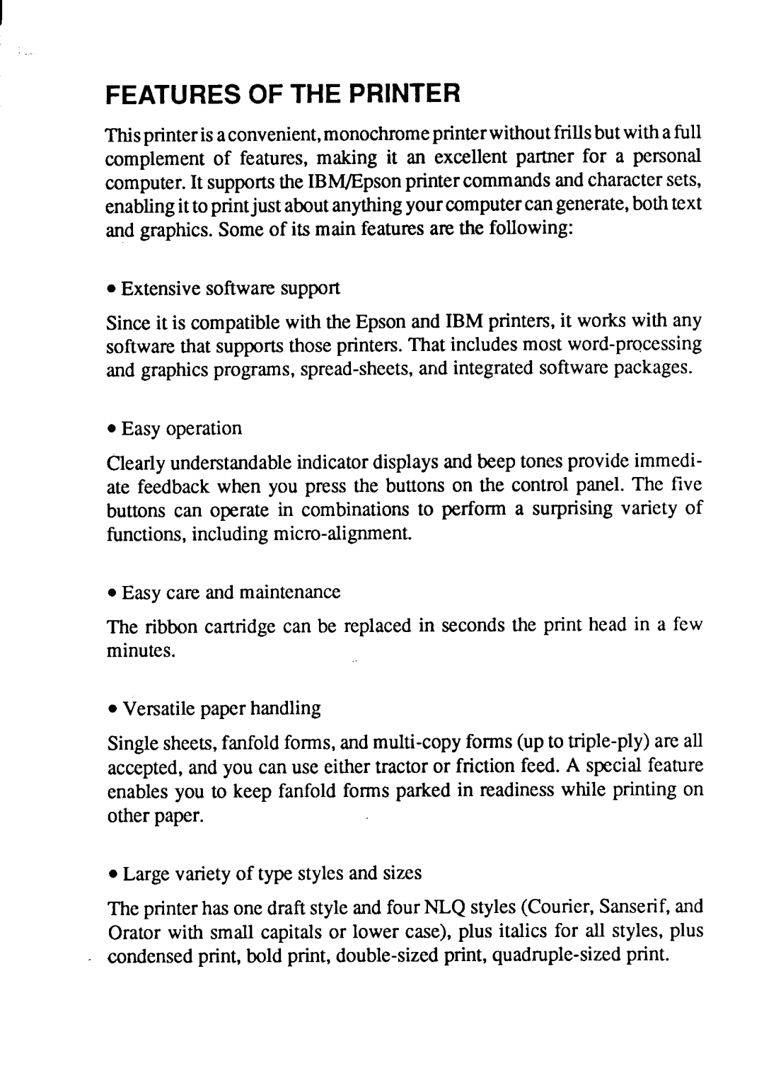 Star Micronics LC-15 user manual Features of the Printer 