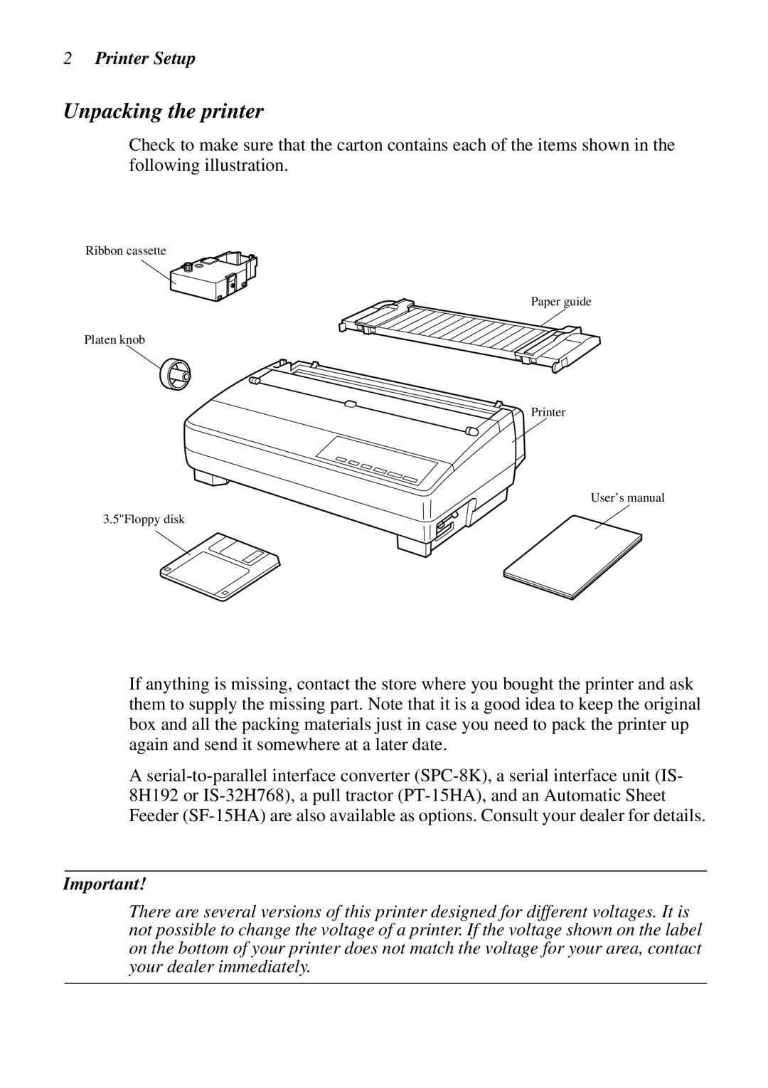 Star Micronics DOT MATRIX PRINTERS, LC-1521, LC-1511, HA15 80825072 user manual Unpacking the printer, Printer Setup 