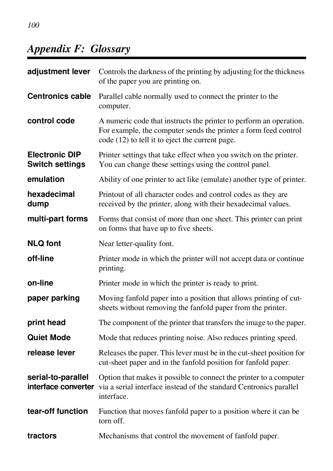 Star Micronics LC-1521, LC-1511, DOT MATRIX PRINTERS, HA15 80825072 user manual Appendix F Glossary 