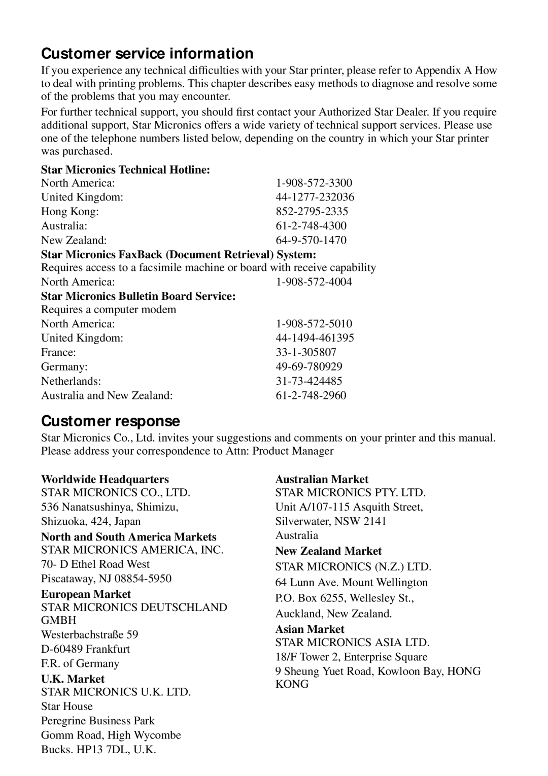 Star Micronics DOT MATRIX PRINTERS, LC-1521, LC-1511, HA15 80825072 user manual Customer service information 