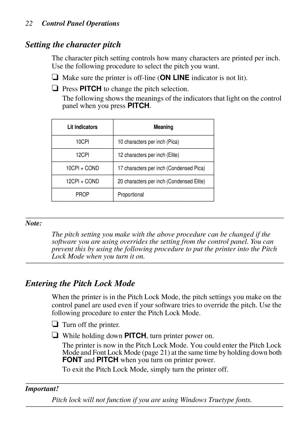 Star Micronics DOT MATRIX PRINTERS Setting the character pitch, Entering the Pitch Lock Mode, Control Panel Operations 