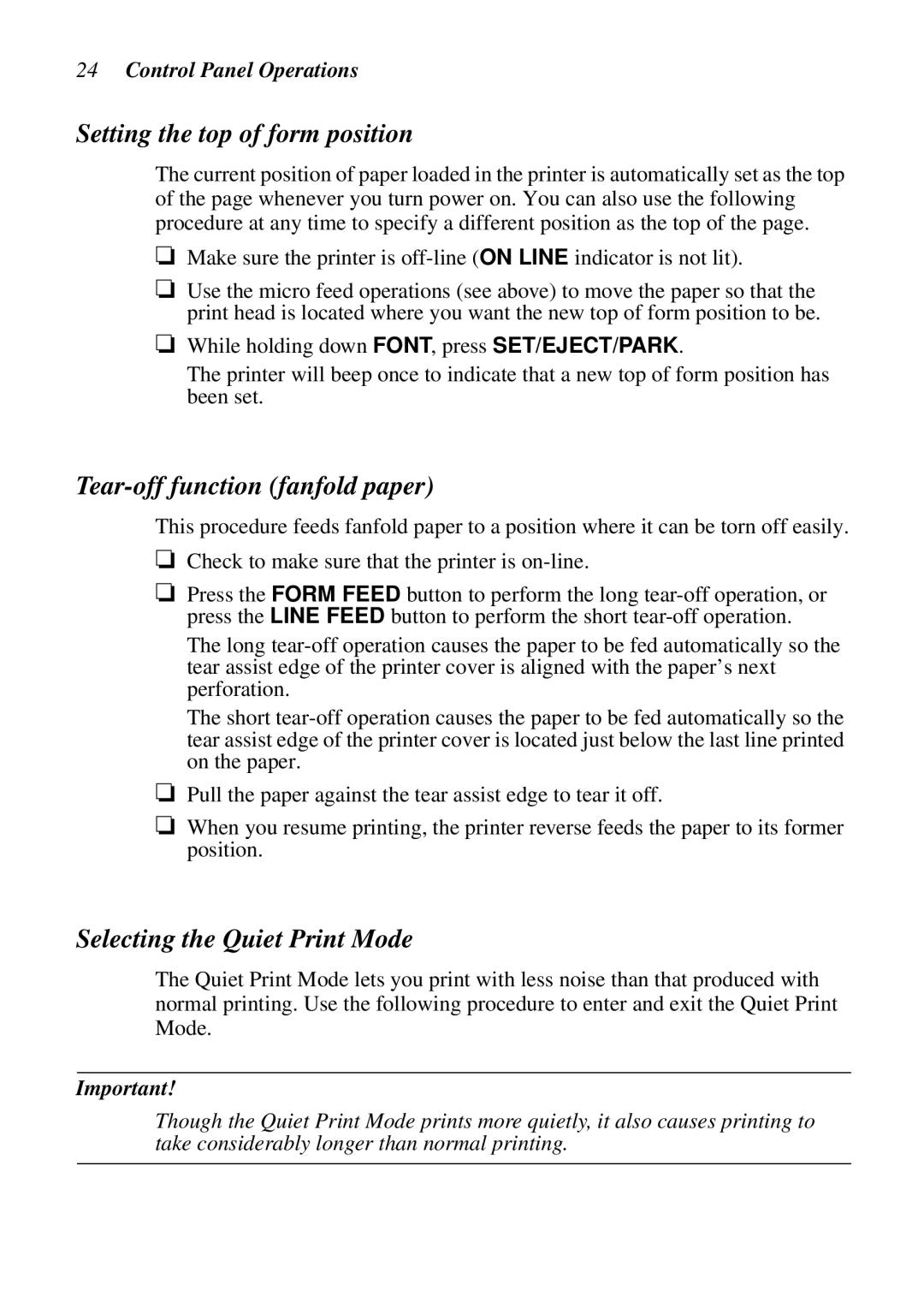 Star Micronics LC-1521 Setting the top of form position, Tear-off function fanfold paper, Selecting the Quiet Print Mode 