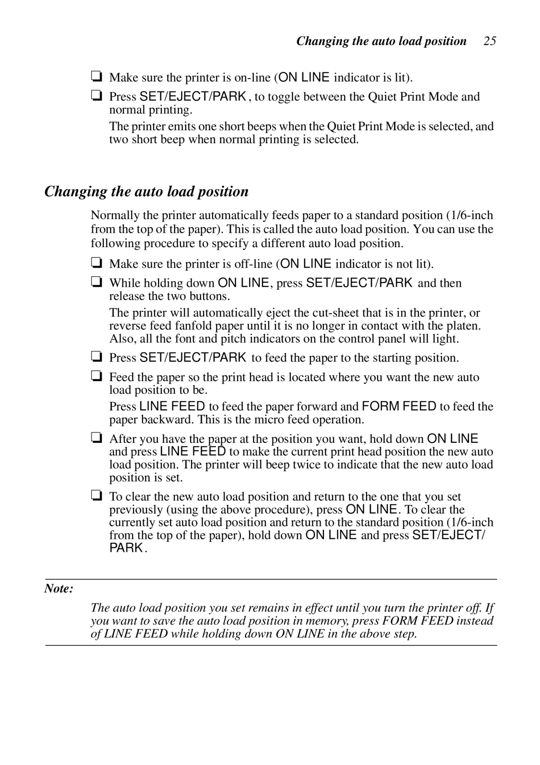 Star Micronics LC-1511, LC-1521, DOT MATRIX PRINTERS, HA15 80825072 user manual Changing the auto load position 