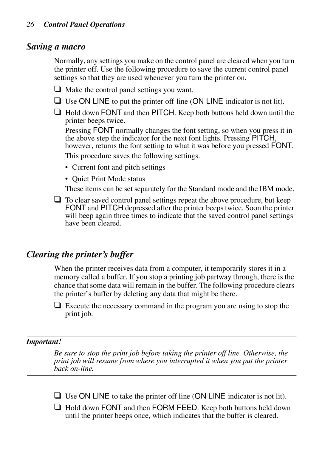 Star Micronics DOT MATRIX PRINTERS, LC-1521, LC-1511, HA15 80825072 user manual Saving a macro, Clearing the printer’s buffer 