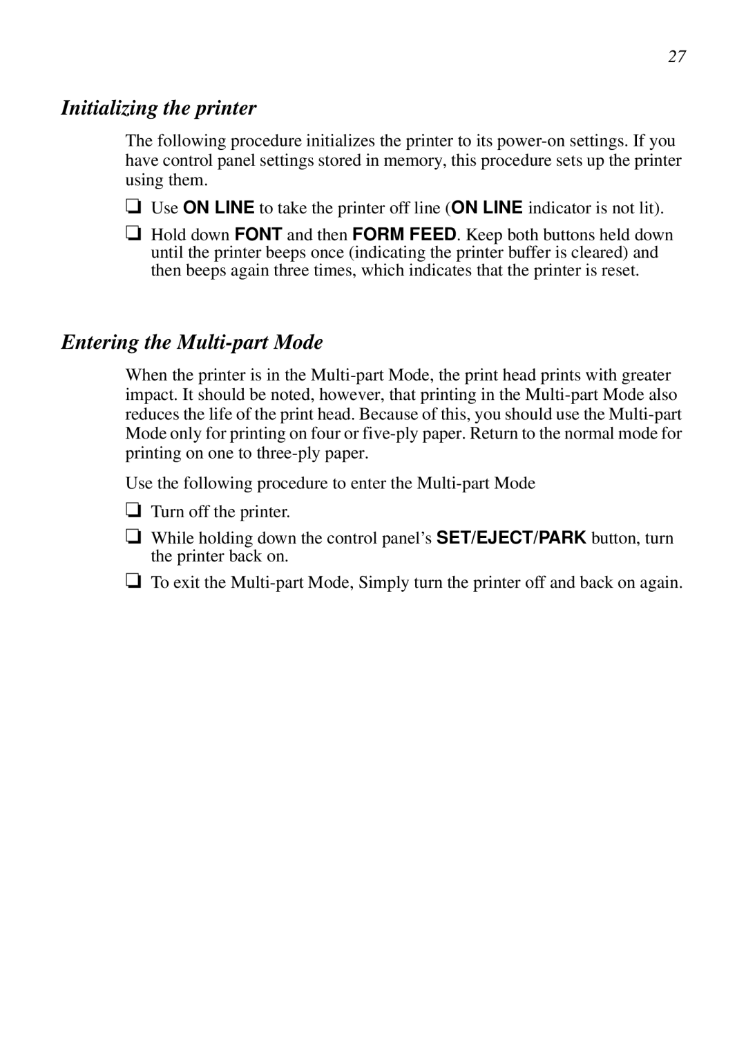 Star Micronics HA15 80825072, LC-1521, LC-1511, DOT MATRIX PRINTERS Initializing the printer, Entering the Multi-part Mode 