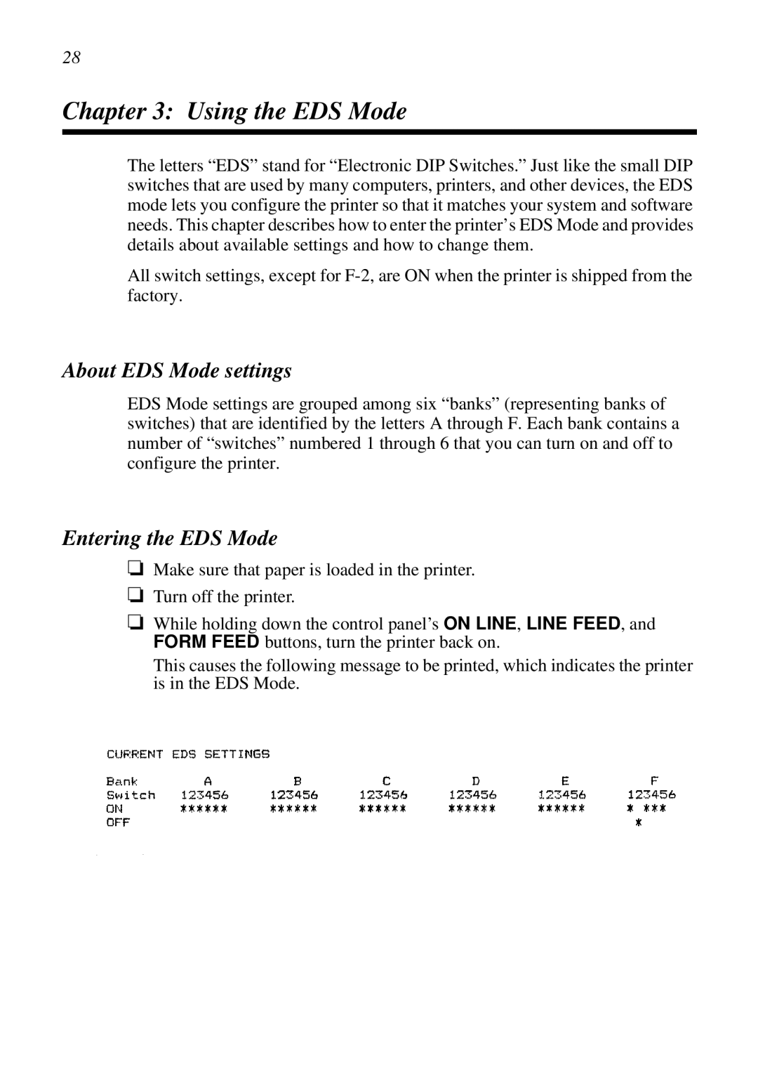 Star Micronics LC-1521, LC-1511, DOT MATRIX PRINTERS Using the EDS Mode, About EDS Mode settings, Entering the EDS Mode 