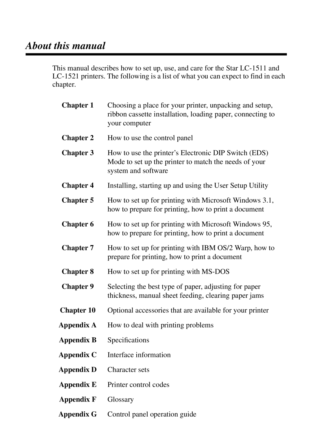 Star Micronics LC-1521, LC-1511, DOT MATRIX PRINTERS, HA15 80825072 user manual About this manual, Chapter 