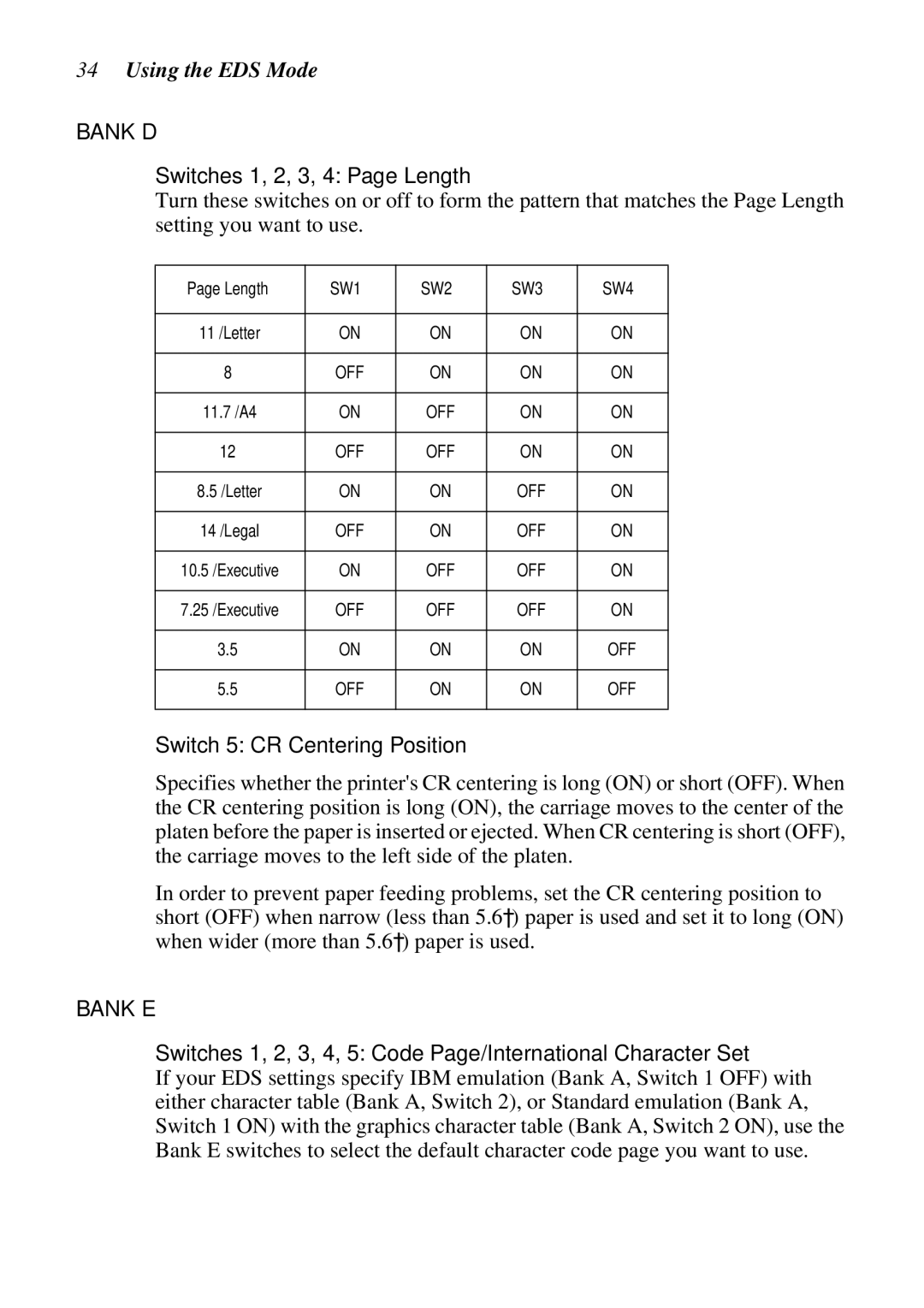 Star Micronics DOT MATRIX PRINTERS, LC-1521, LC-1511 Switches 1, 2, 3, 4 Page Length, Switch 5 CR Centering Position 