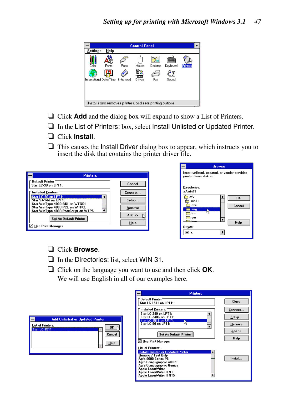 Star Micronics HA15 80825072, LC-1521, LC-1511, DOT MATRIX PRINTERS Setting up for printing with Microsoft Windows 3.1 