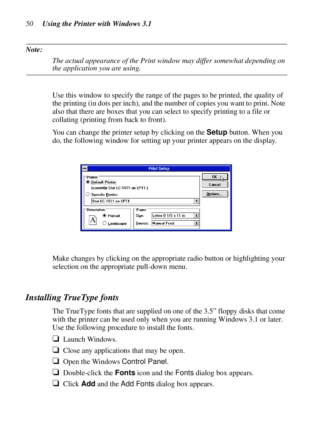 Star Micronics DOT MATRIX PRINTERS, LC-1521, LC-1511, HA15 80825072 user manual Installing TrueType fonts 