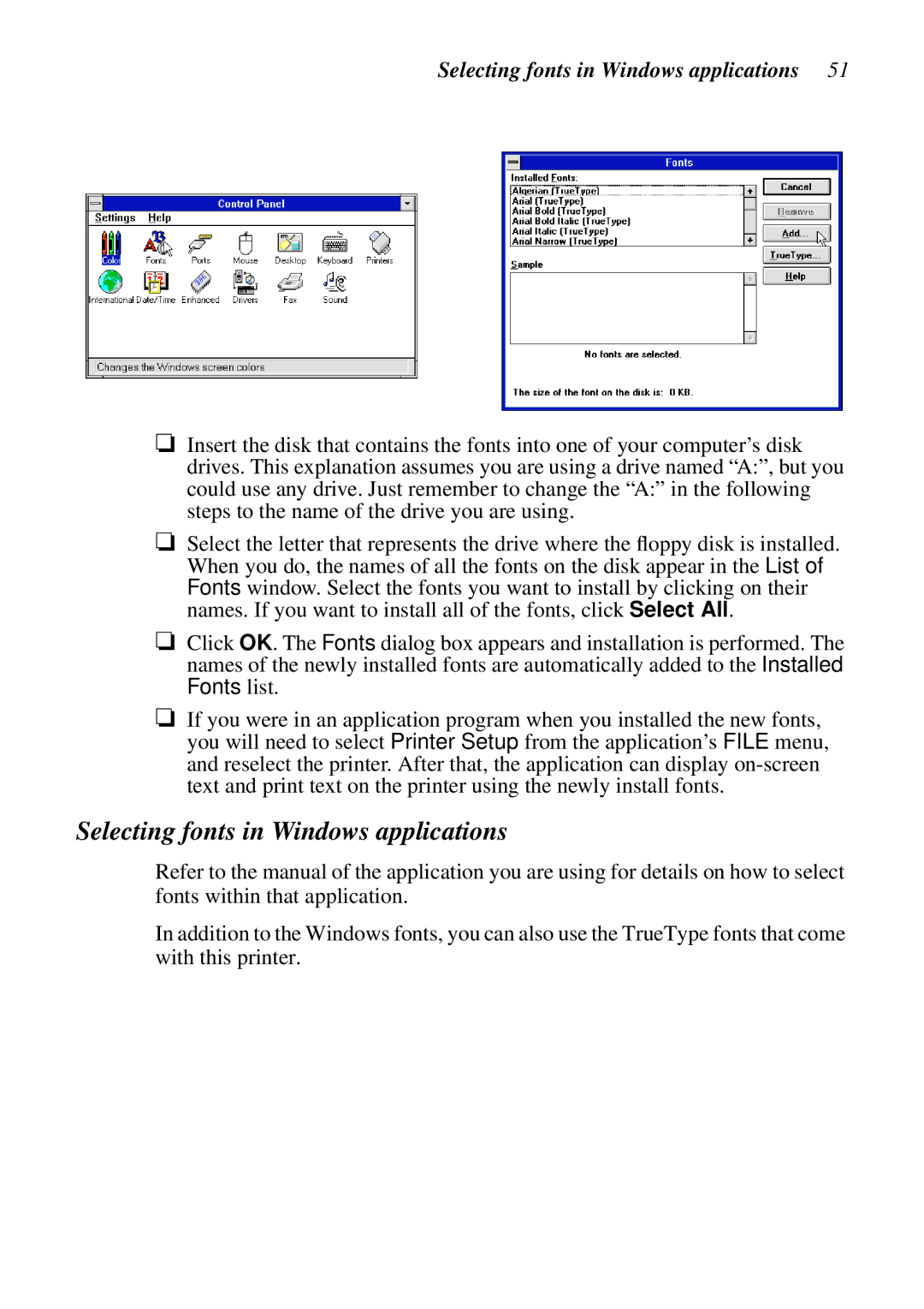 Star Micronics HA15 80825072, LC-1521, LC-1511, DOT MATRIX PRINTERS user manual Selecting fonts in Windows applications 