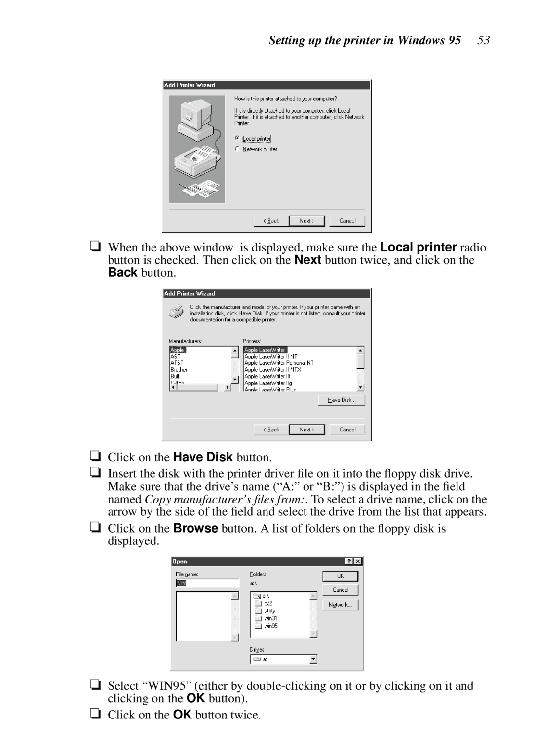 Star Micronics LC-1511, LC-1521, DOT MATRIX PRINTERS, HA15 80825072 user manual Setting up the printer in Windows 95 