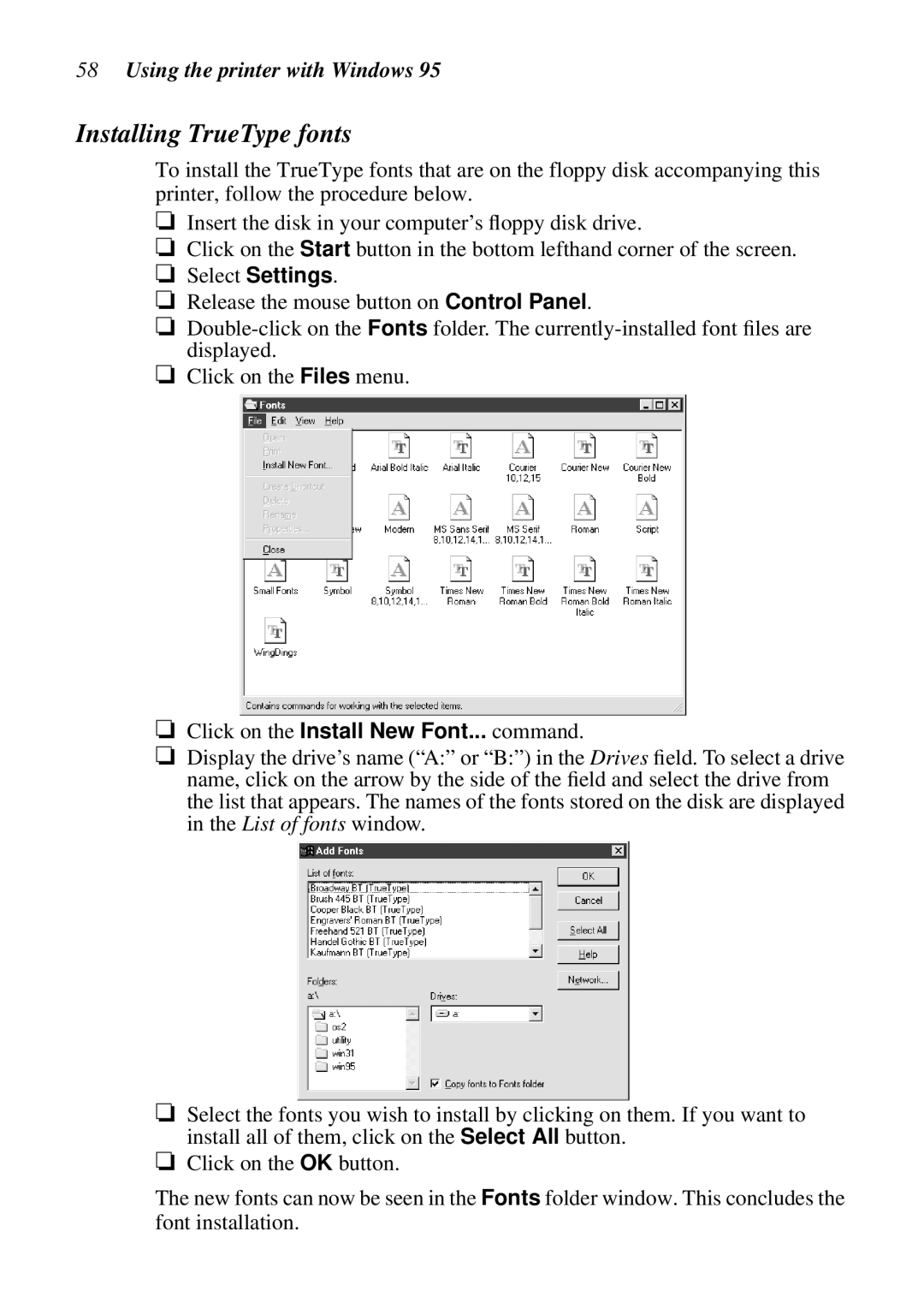 Star Micronics DOT MATRIX PRINTERS, LC-1521, LC-1511, HA15 80825072 user manual Installing TrueType fonts 