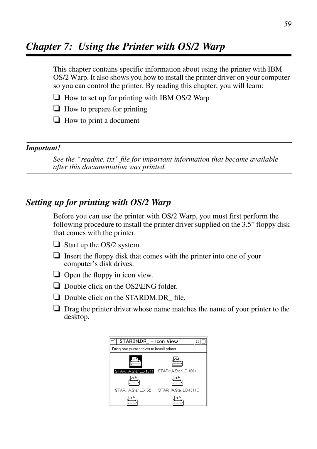 Star Micronics HA15 80825072, LC-1521, LC-1511 Using the Printer with OS/2 Warp, Setting up for printing with OS/2 Warp 