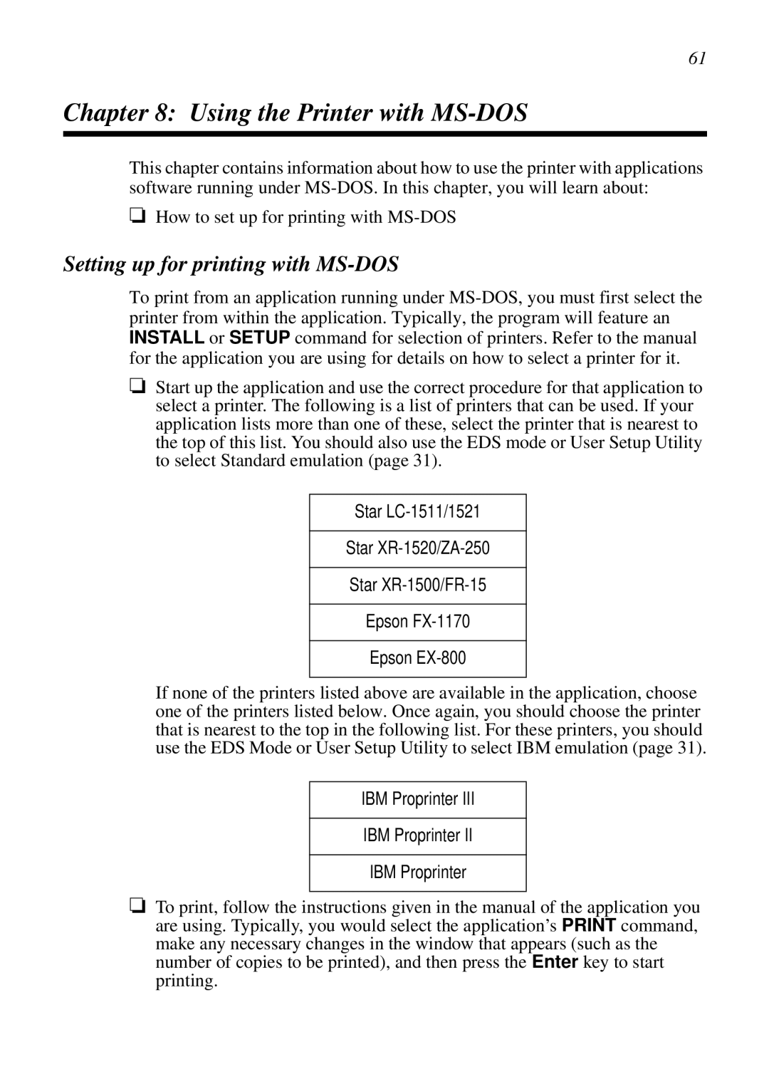 Star Micronics LC-1511, LC-1521, DOT MATRIX PRINTERS Using the Printer with MS-DOS, Setting up for printing with MS-DOS 