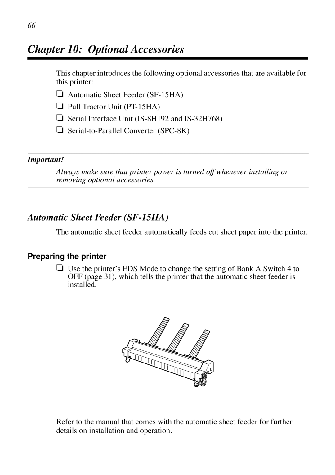 Star Micronics DOT MATRIX PRINTERS, LC-1521 Optional Accessories, Automatic Sheet Feeder SF-15HA, Preparing the printer 