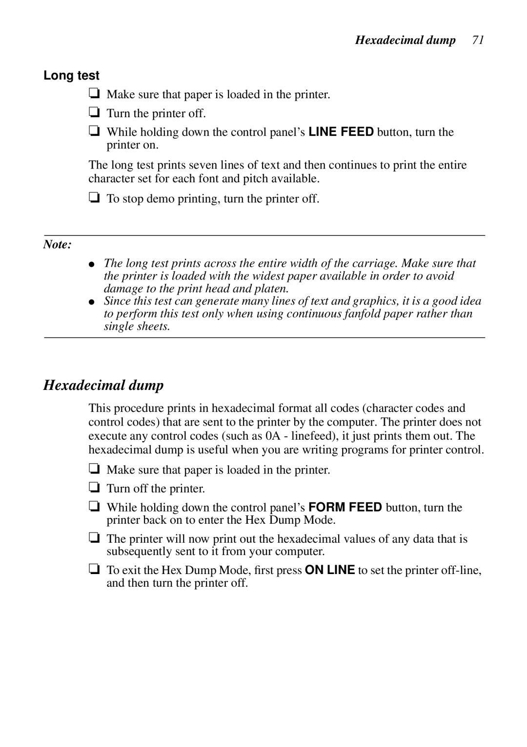 Star Micronics HA15 80825072, LC-1521, LC-1511, DOT MATRIX PRINTERS user manual Hexadecimal dump, Long test 