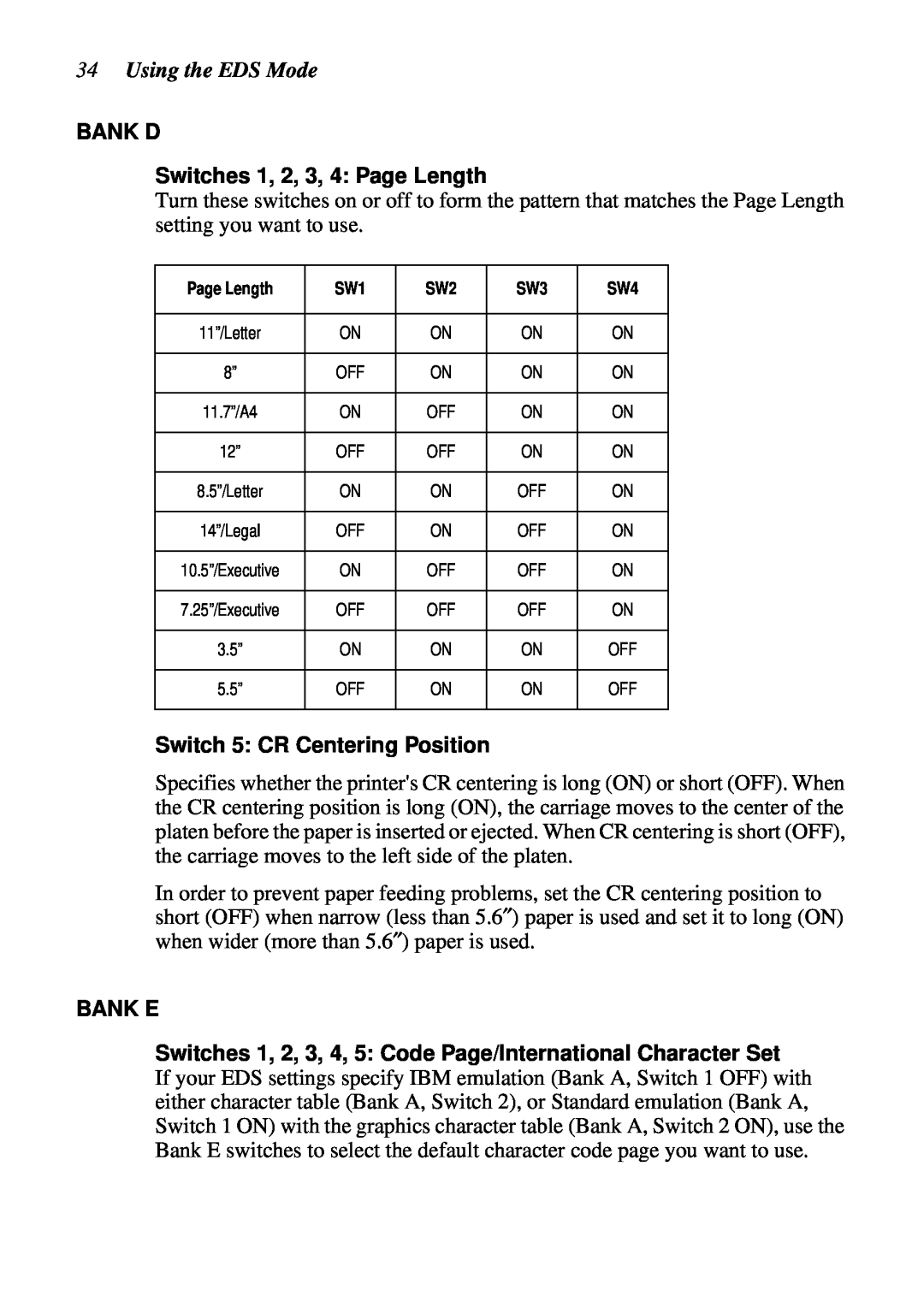 Star Micronics DOT MATRIX PRINTERS, LC-1521, LC-1511 user manual Using the EDS Mode, BANK D Switches 1, 2, 3, 4 Page Length 