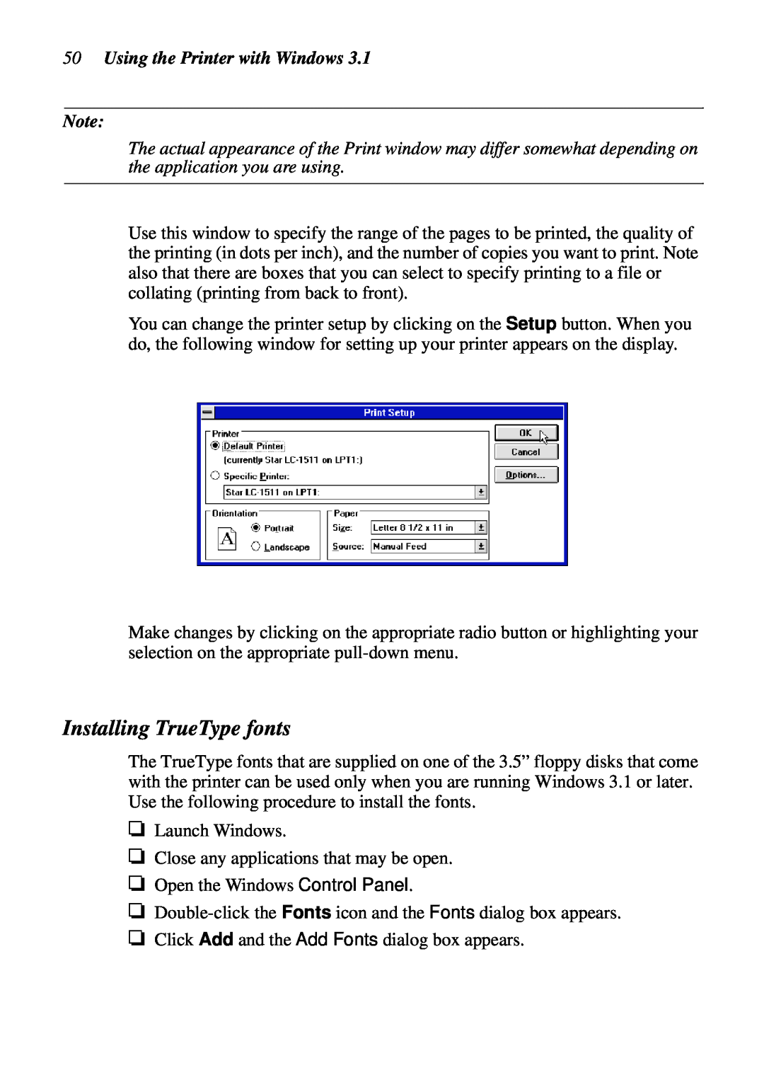 Star Micronics DOT MATRIX PRINTERS, LC-1521, LC-1511 user manual Installing TrueType fonts, Using the Printer with Windows 