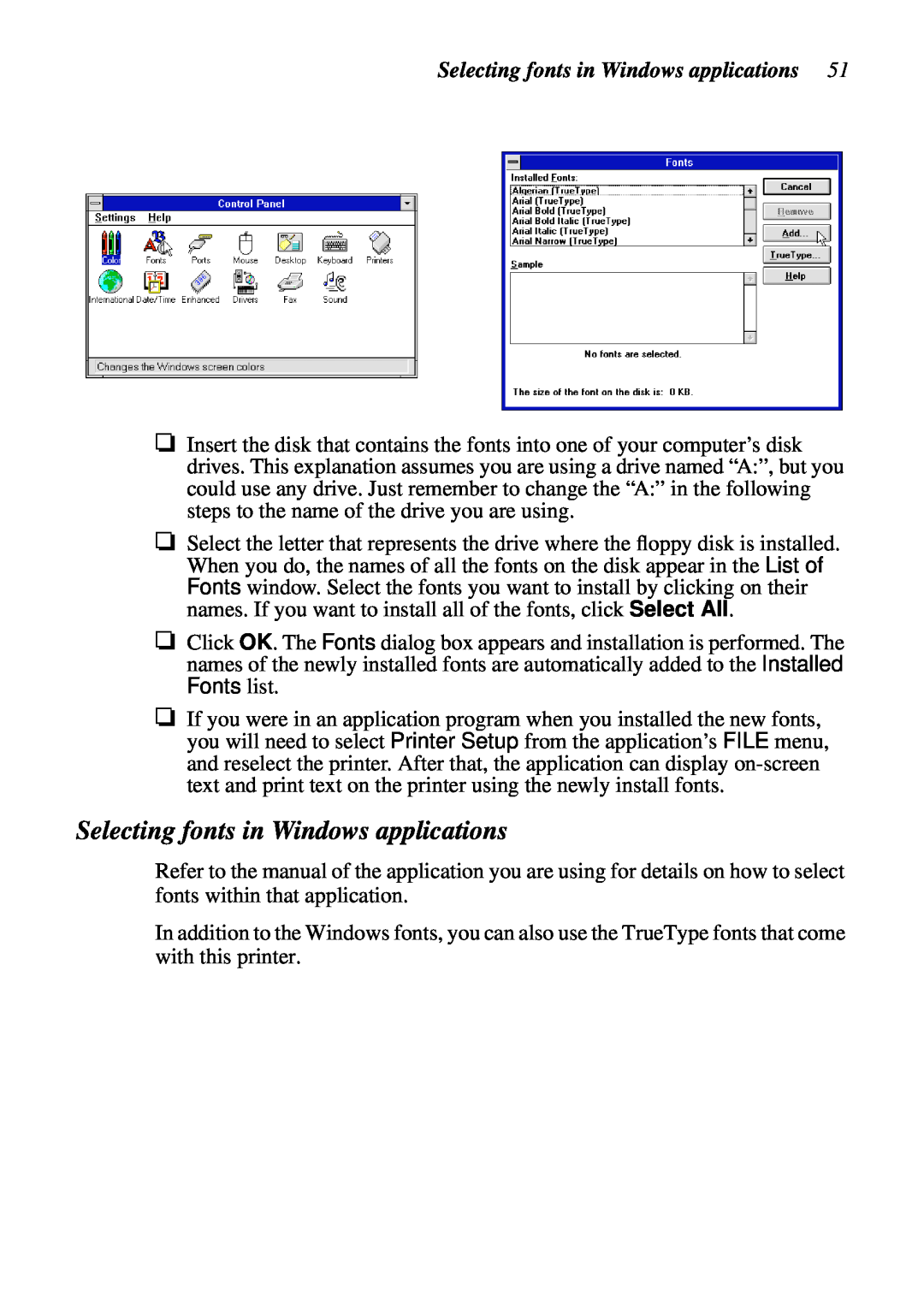Star Micronics HA15 80825072, LC-1521, LC-1511, DOT MATRIX PRINTERS user manual Selecting fonts in Windows applications 