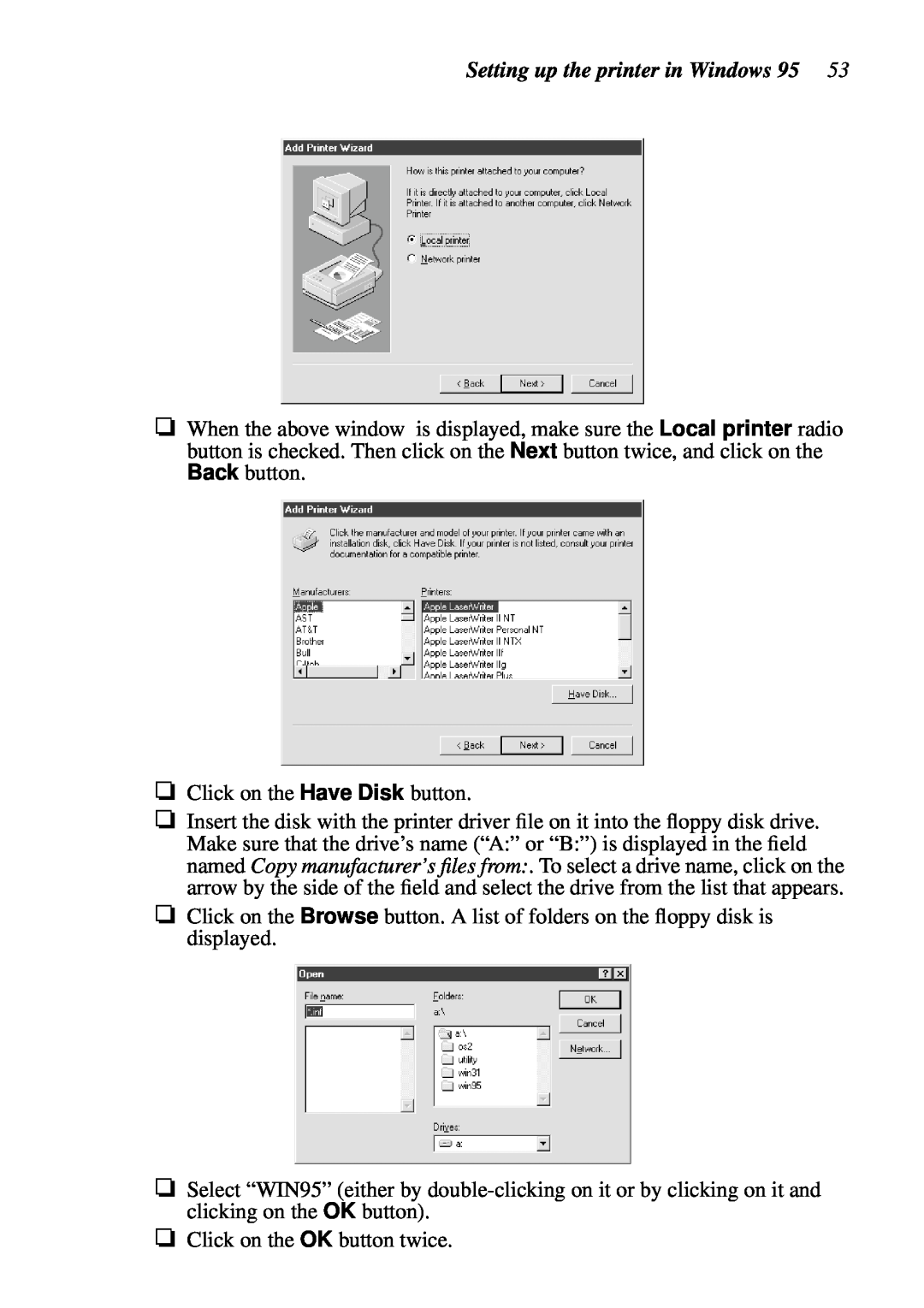 Star Micronics LC-1511, LC-1521, DOT MATRIX PRINTERS, HA15 80825072 user manual Setting up the printer in Windows 95 