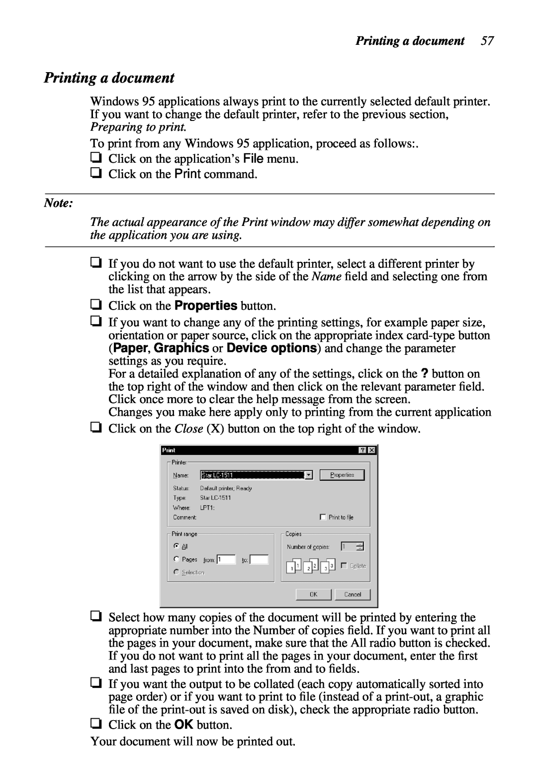Star Micronics LC-1511, LC-1521 Printing a document, To print from any Windows 95 application, proceed as follows 