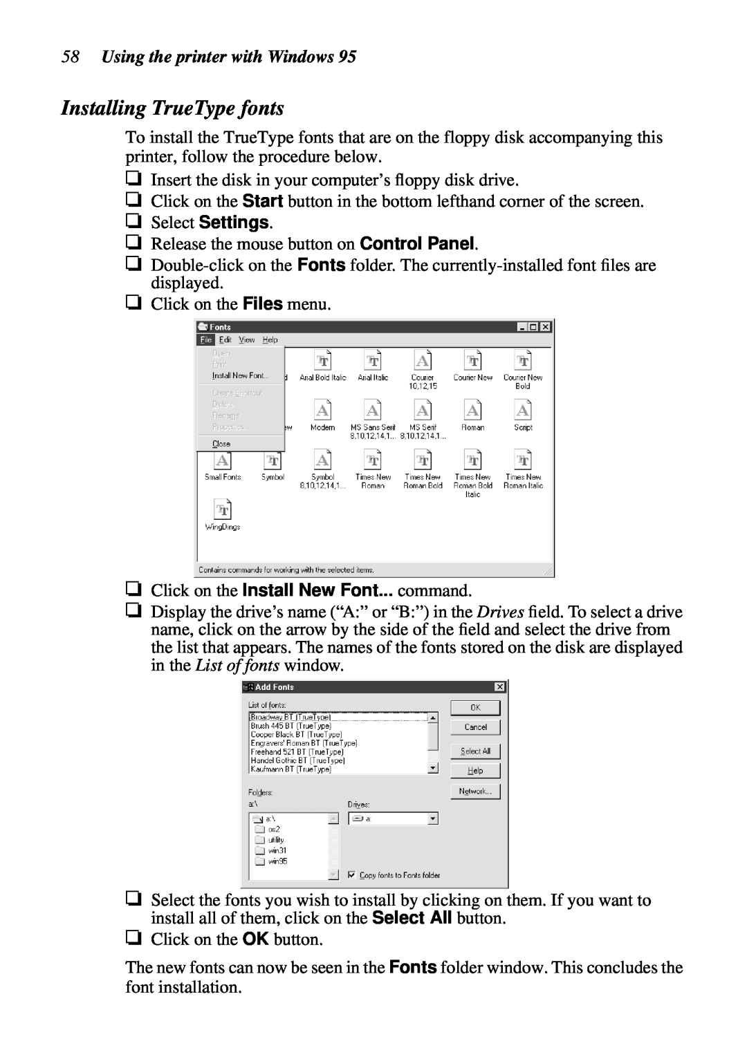 Star Micronics DOT MATRIX PRINTERS, LC-1521, LC-1511 user manual Using the printer with Windows, Installing TrueType fonts 
