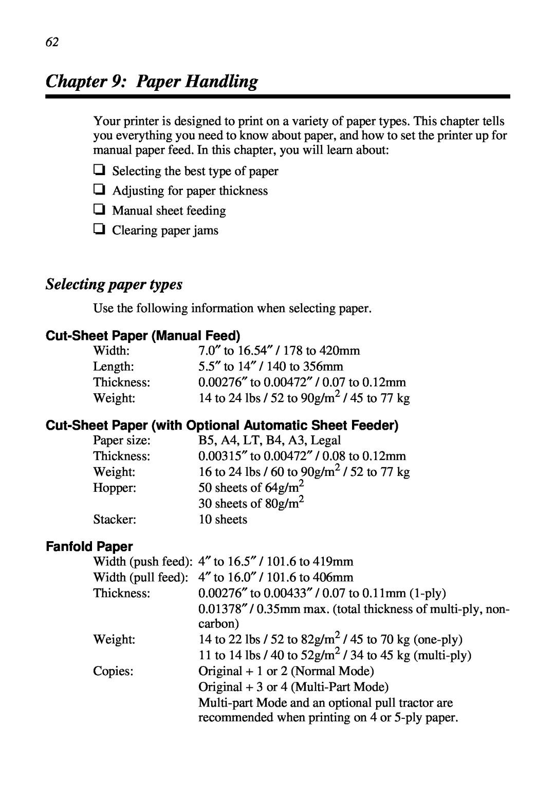 Star Micronics DOT MATRIX PRINTERS Paper Handling, Selecting paper types, Cut-Sheet Paper Manual Feed, Fanfold Paper 
