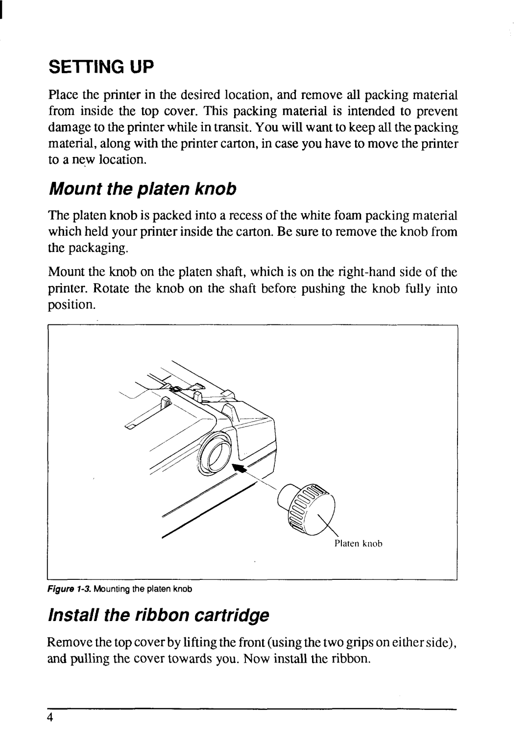 Star Micronics LC-20 user manual Mounttheplaten knob, Lnsta// the ribboncartridge, Setiwjg UP 