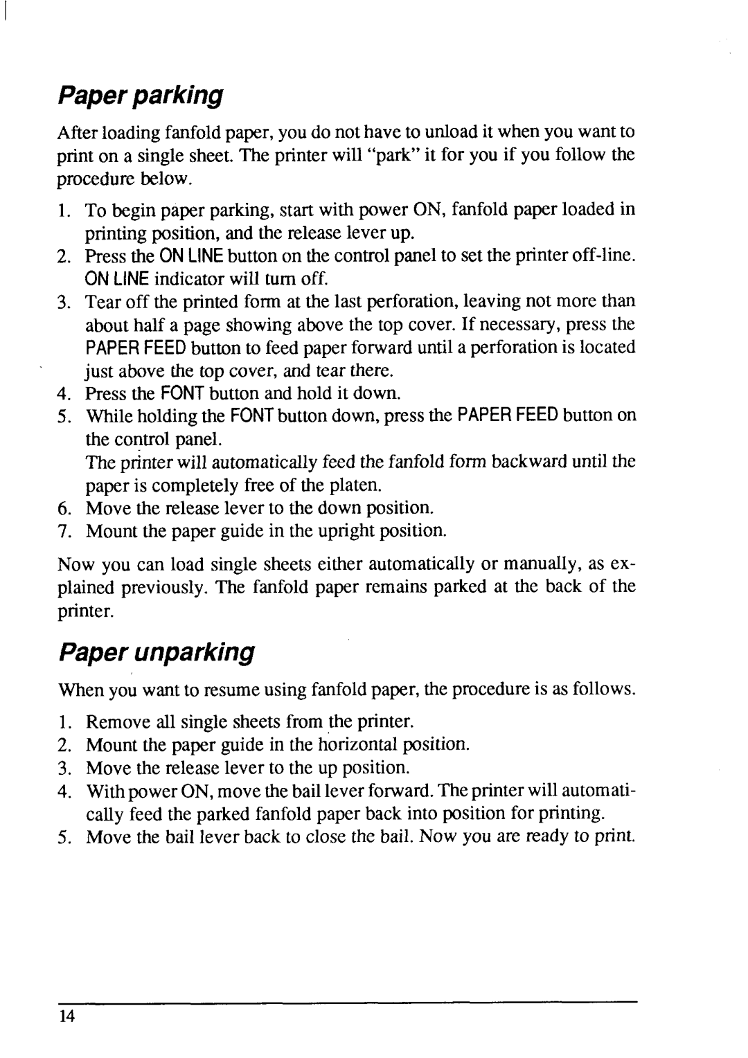 Star Micronics LC-20 user manual Paperparking, Paperunparking 