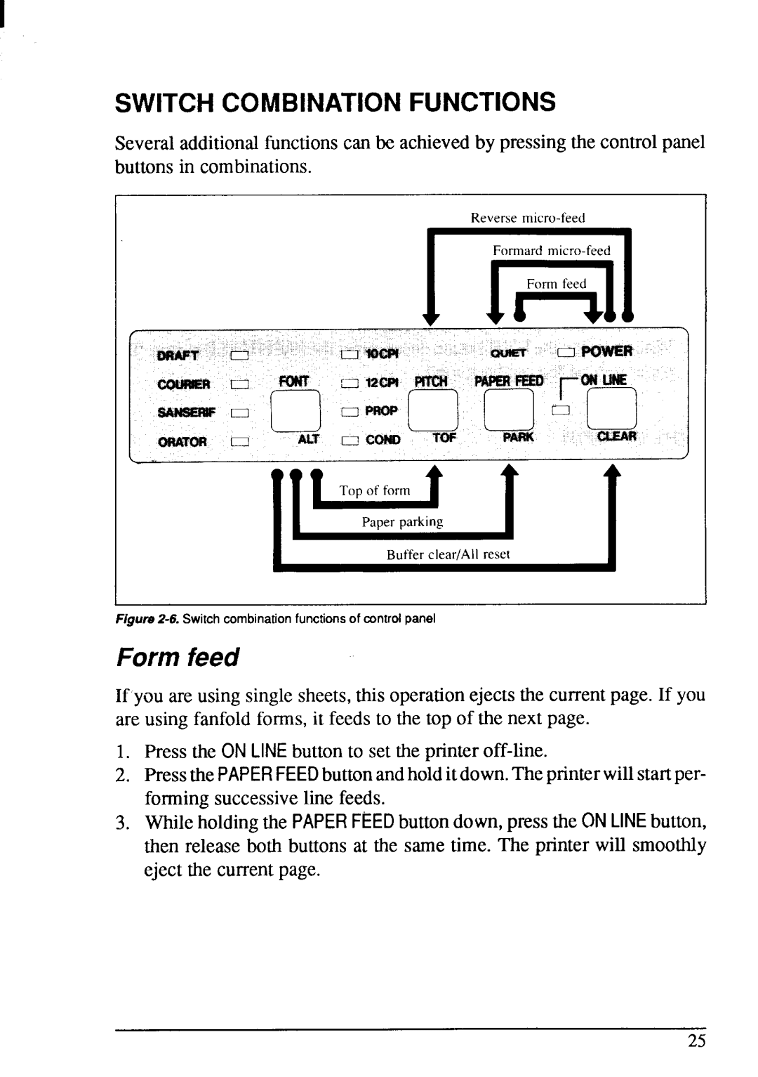 Star Micronics LC-20 user manual Form feed, Switch Combination Functions 