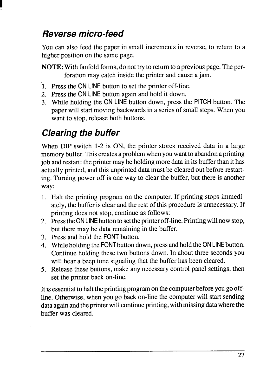 Star Micronics LC-20 user manual Reversemicro-feed, Clearingthe buffer 