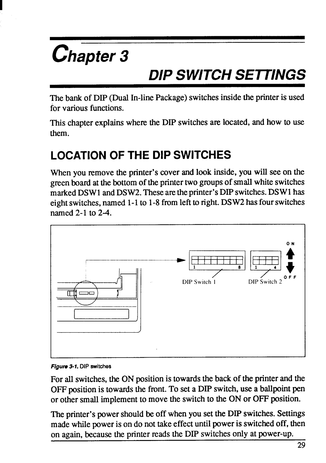 Star Micronics LC-20 user manual DIP Switch Settings, Location of the DIP Switches 