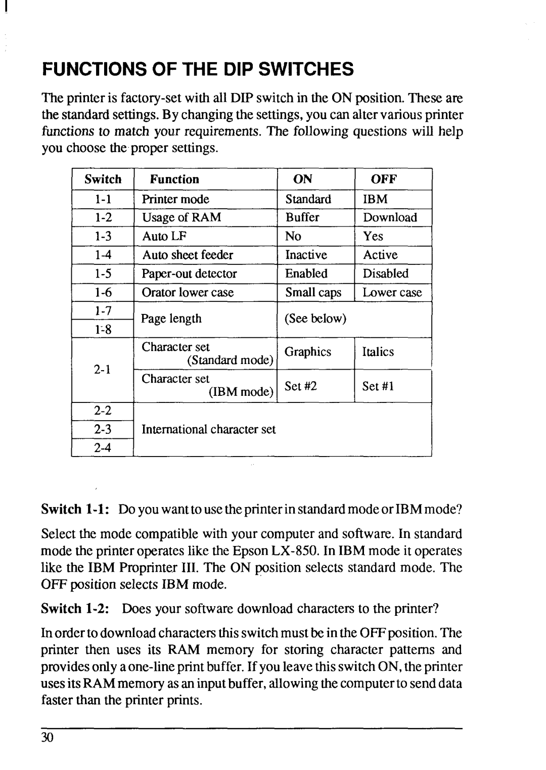 Star Micronics LC-20 user manual Functions of the DIP Switches, Ibm 