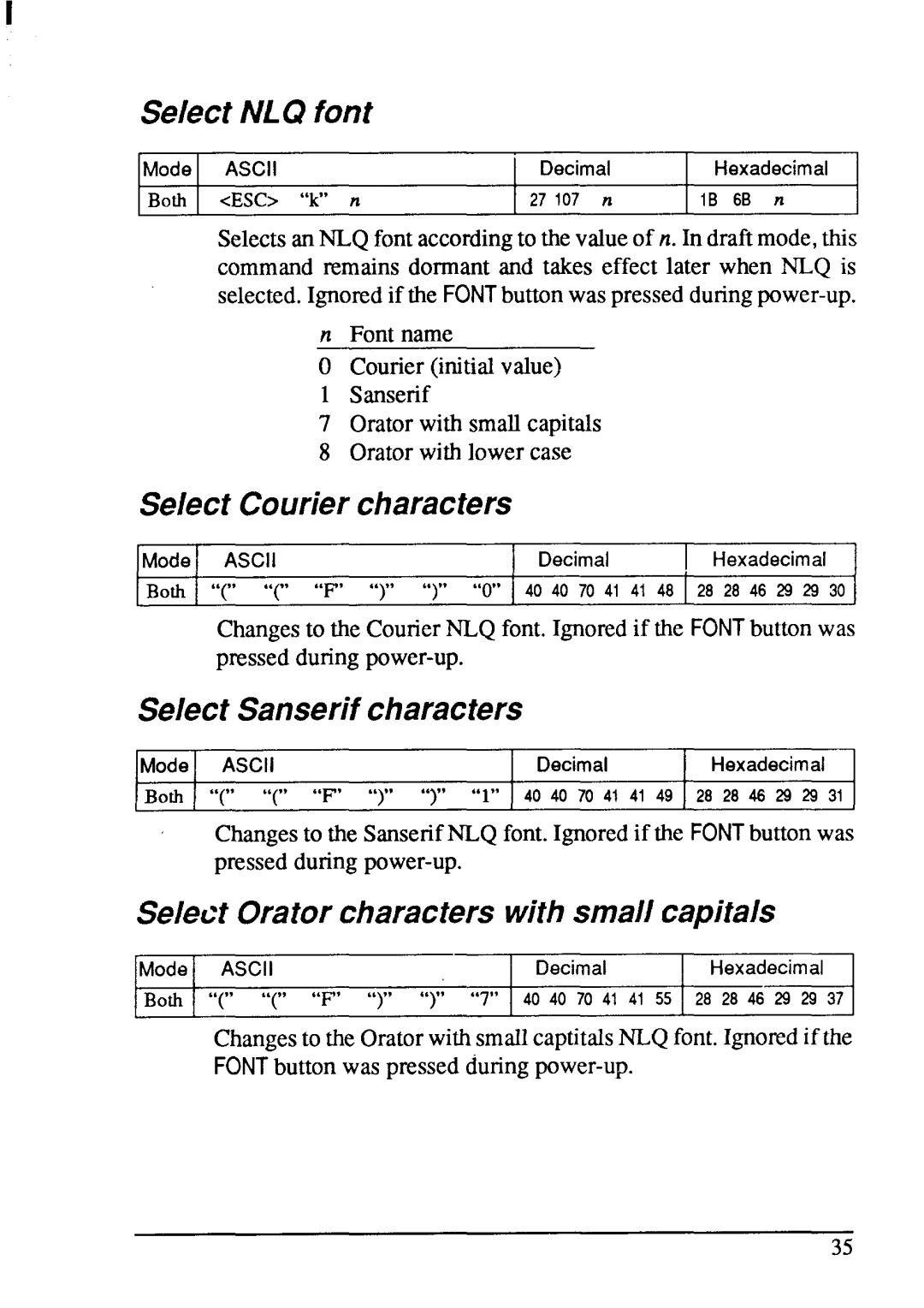 Star Micronics LC-20 user manual Select NLQ font, Se!ectCouriercharacters, Select Sanserifcharacters 