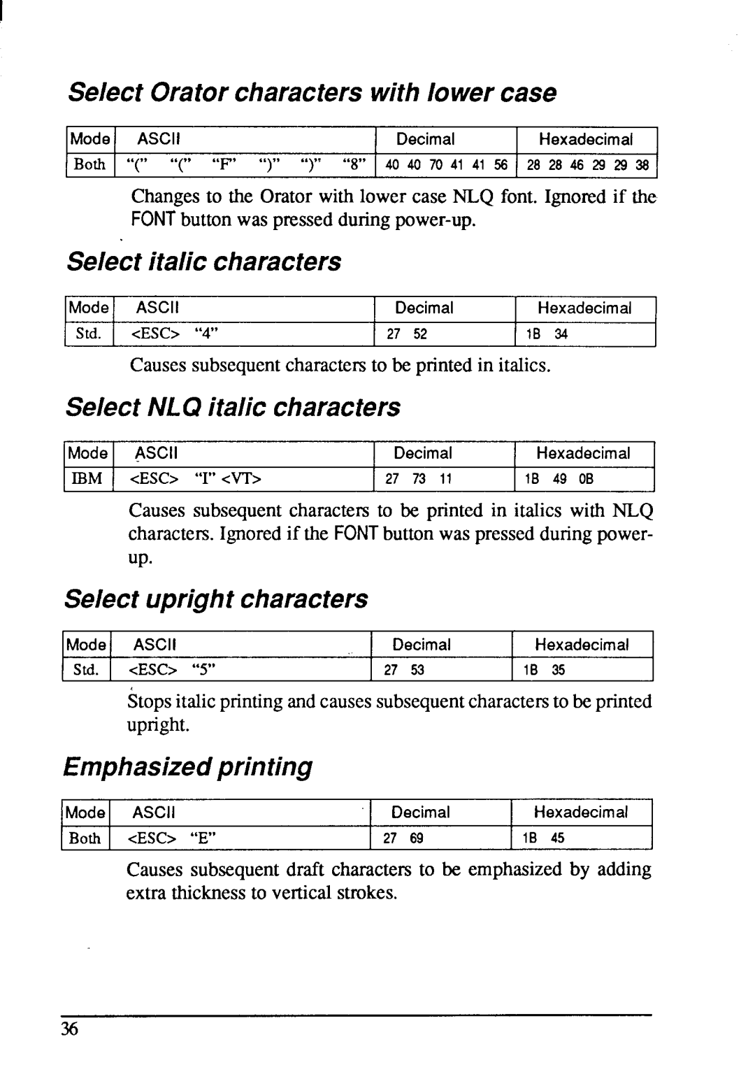 Star Micronics LC-20 user manual Select Oratorcharacterswith lower case, Select italic characters, Select uprightcharacters 