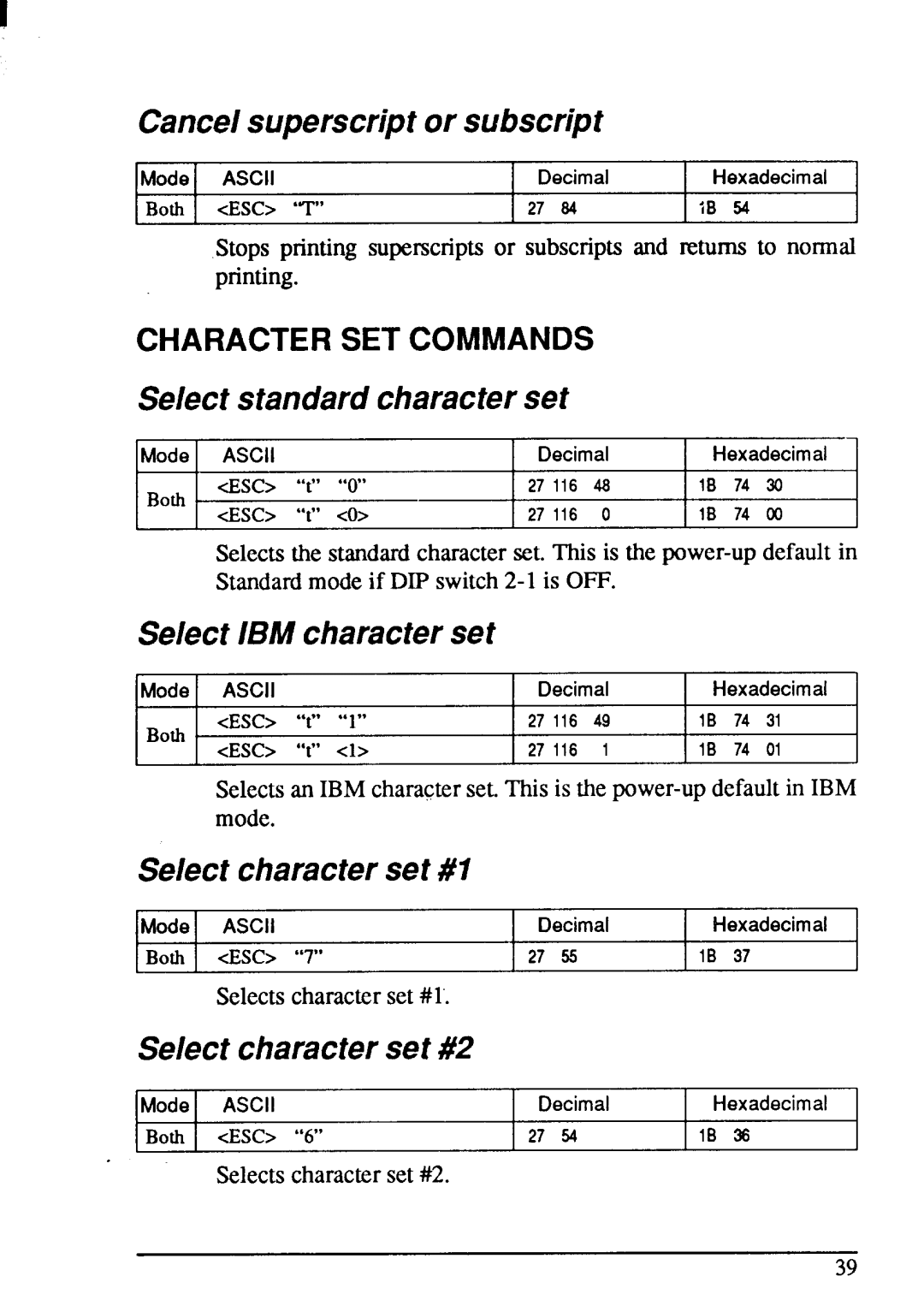 Star Micronics LC-20 user manual Cancelsuperscriptor subscript, Selectstandardcharacterset, Select IBM characterset 