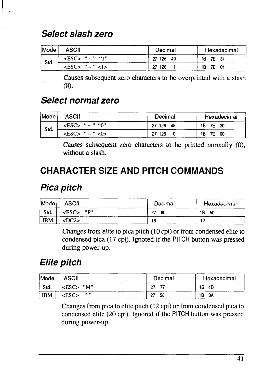 Star Micronics LC-20 Select slash zero, Select normalzero, Pica pitch, Elitepitch, Character Size and Pitch Commands 