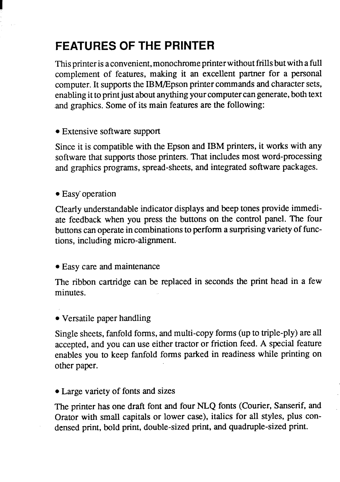 Star Micronics LC-20 user manual Features of the Printer 