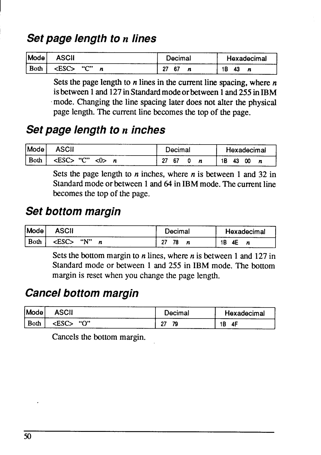 Star Micronics LC-20 user manual Setpage length ton lines, Set page length ton inches, Set bottommargin, Cancelbottommargin 