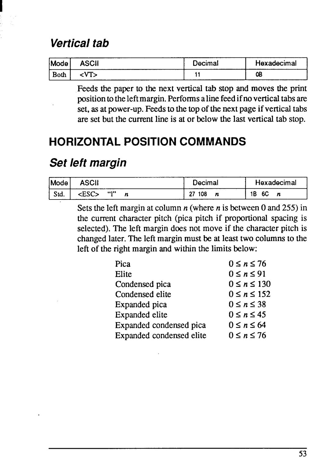 Star Micronics LC-20 user manual Verticaltab, Set left margin, Horizontal Position Commands 