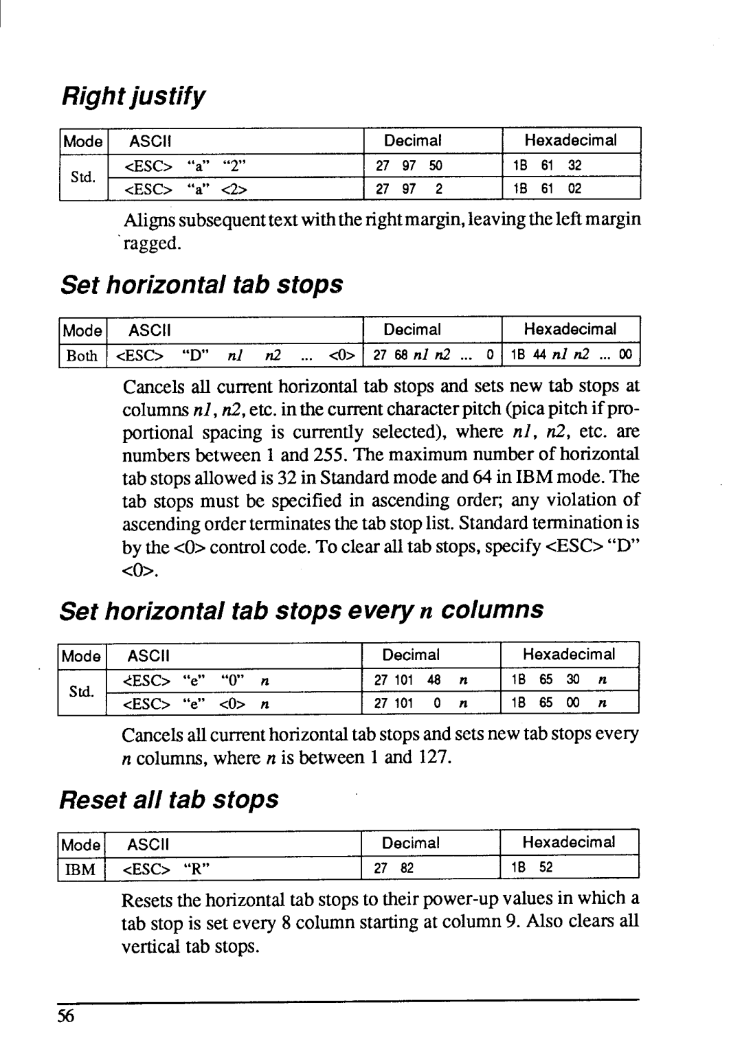 Star Micronics LC-20 user manual Rightjustify, Set horizontaltab stopseveryn columns, Resetall tab stops 