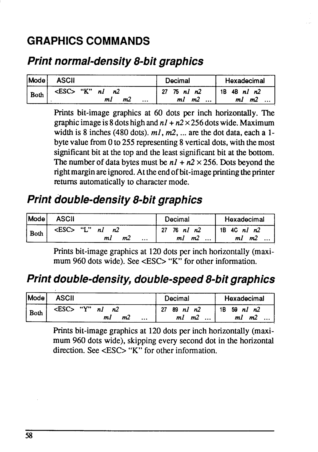 Star Micronics LC-20 user manual Print normal-density8-bitgraphics, Print double-density8-bitgraphics, Graphics Commands 