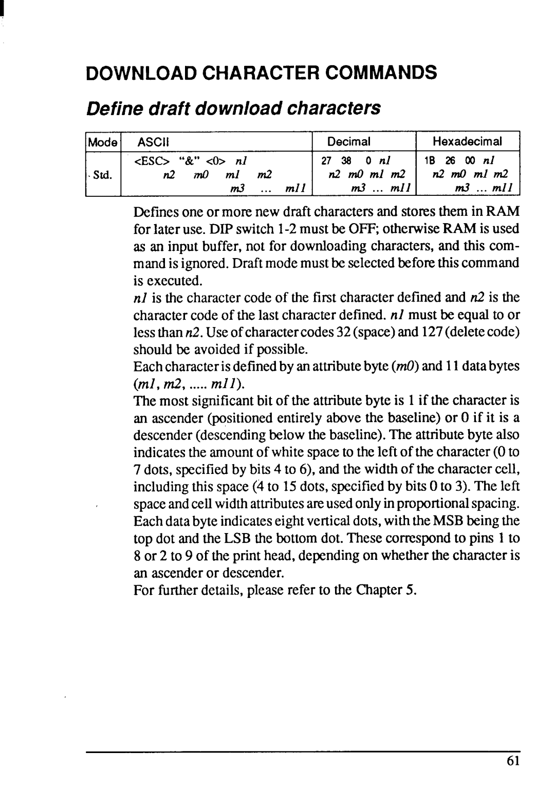 Star Micronics LC-20 user manual Define draft downloadcharacters, Download Character Commands 