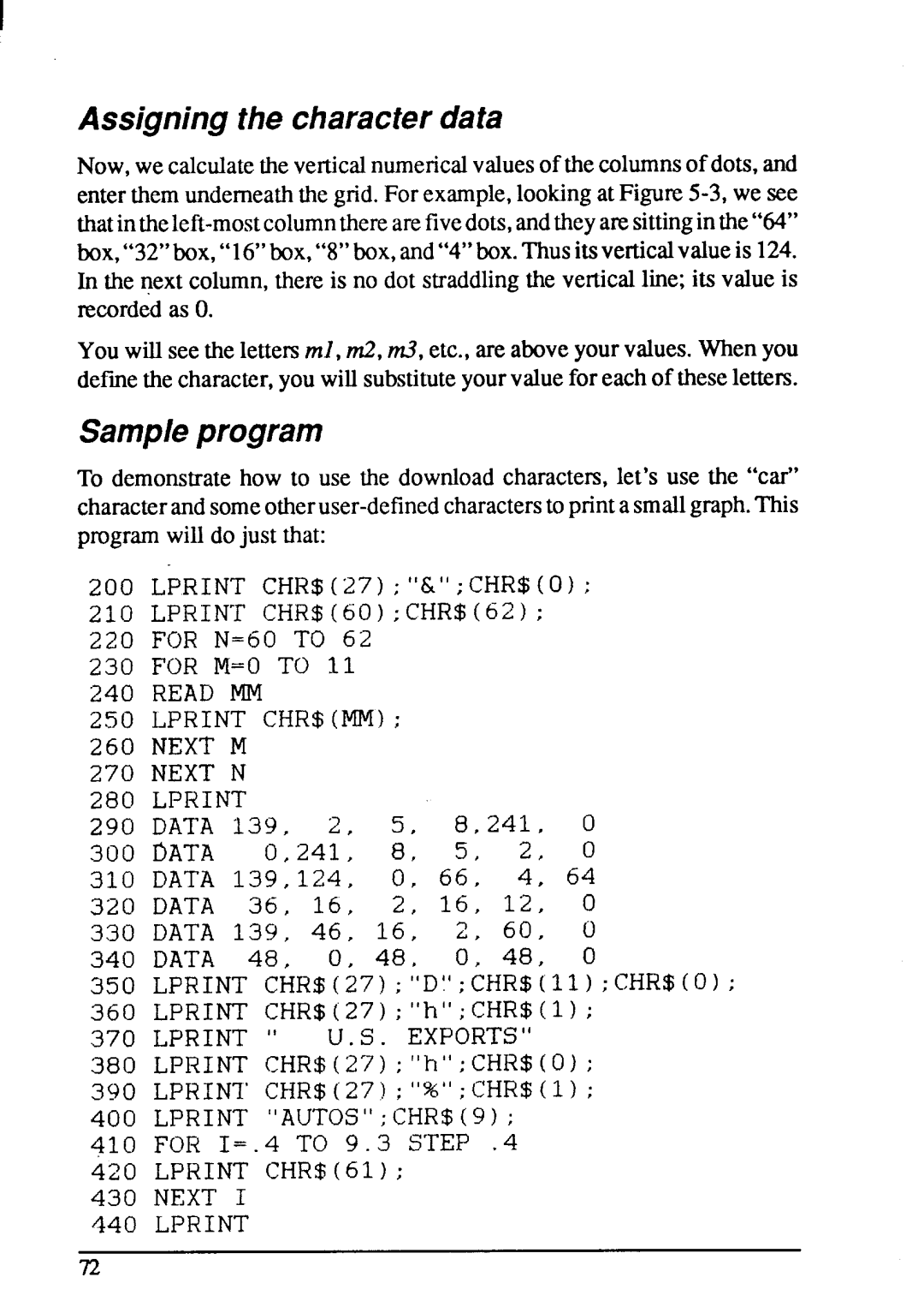 Star Micronics LC-20 user manual Assigningthe characterdata, Samp/eprogram 